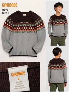 Gymboree Boys Fair Isle Sweater Size 8 Gray Brown Cotton Knit